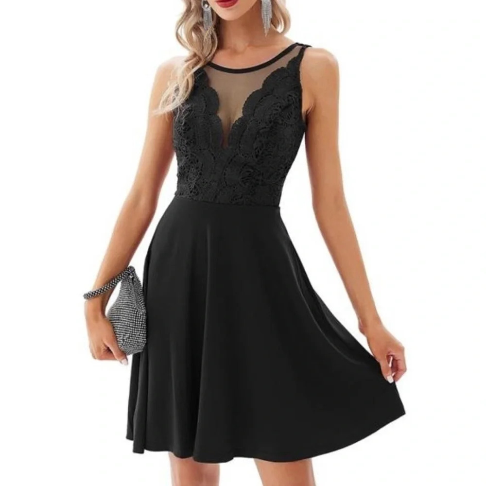 Grace Karin Black Scalloped Overlay Lace Sheer Bust Fit And Flair Dress